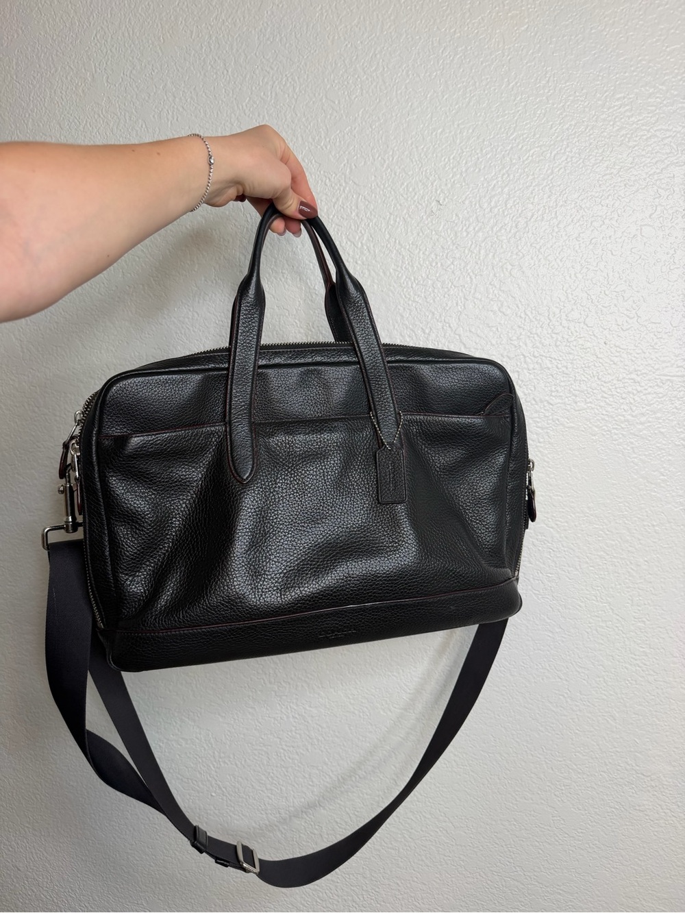 Coach Black Pebbled Leather Laptop Briefcase with Shoulder Strap